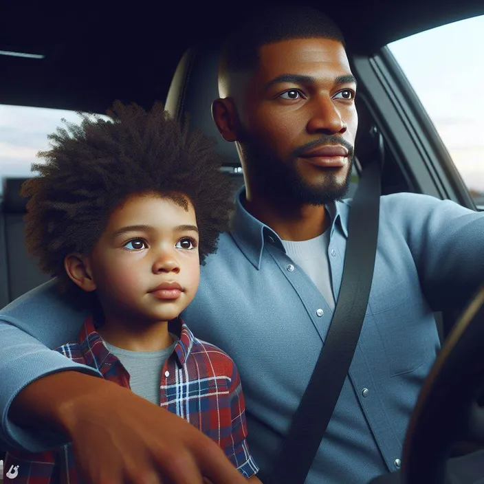 a man sitting in a car with a young boy