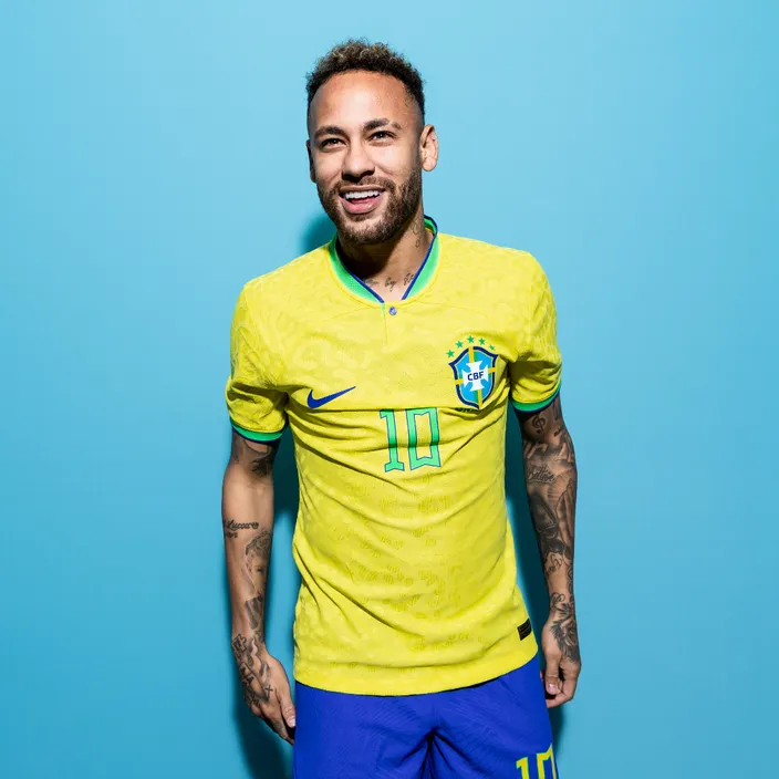 Neymar jr in a Brazil yellow and blue soccer uniform