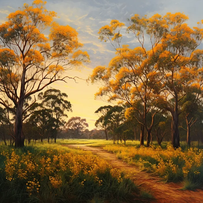 a painting of a dirt road surrounded by trees