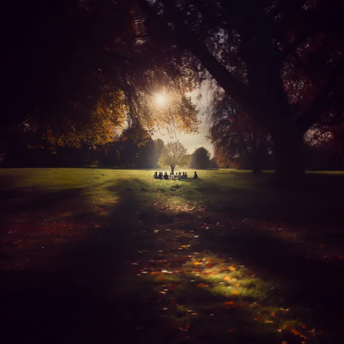 a group of people sitting on top of a lush green field