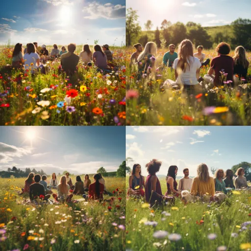 a group of people sitting in a field of flowers