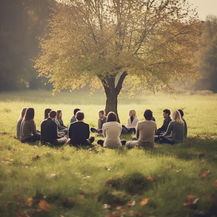 a group of people sitting under a tree in a field