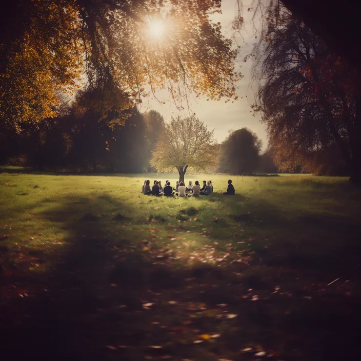 a group of people sitting on top of a lush green field