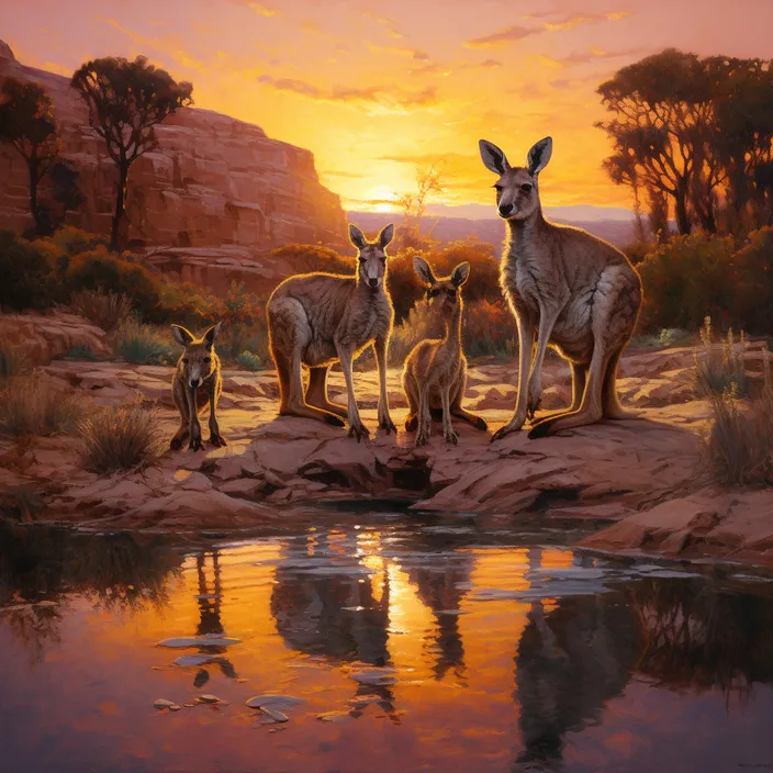 a painting of three kangaroos by a pond at sunset