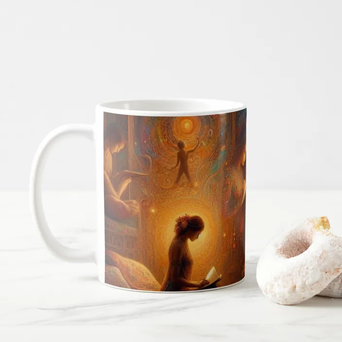 a coffee mug with a painting of a woman reading a book