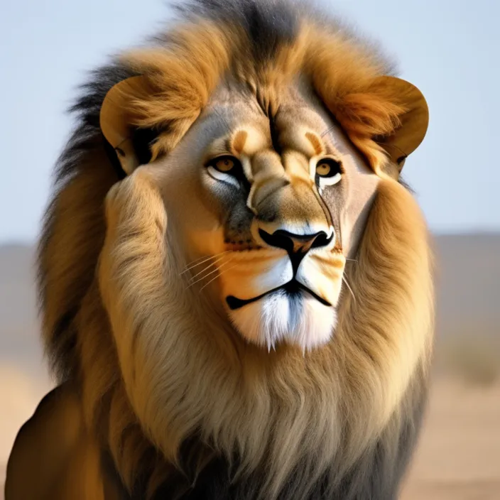 a close up of a lion's face with a sky background