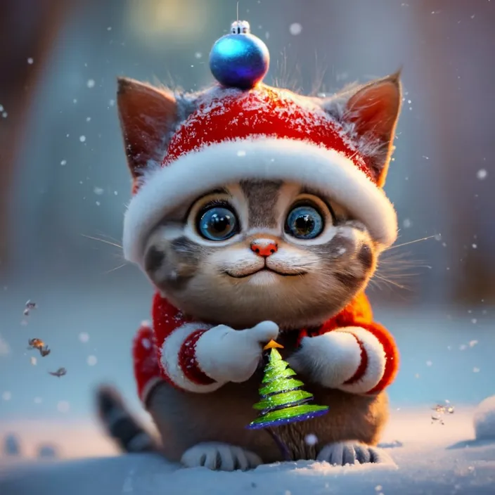 a cat wearing a santa hat and holding a christmas tree , cat blinks its eyes