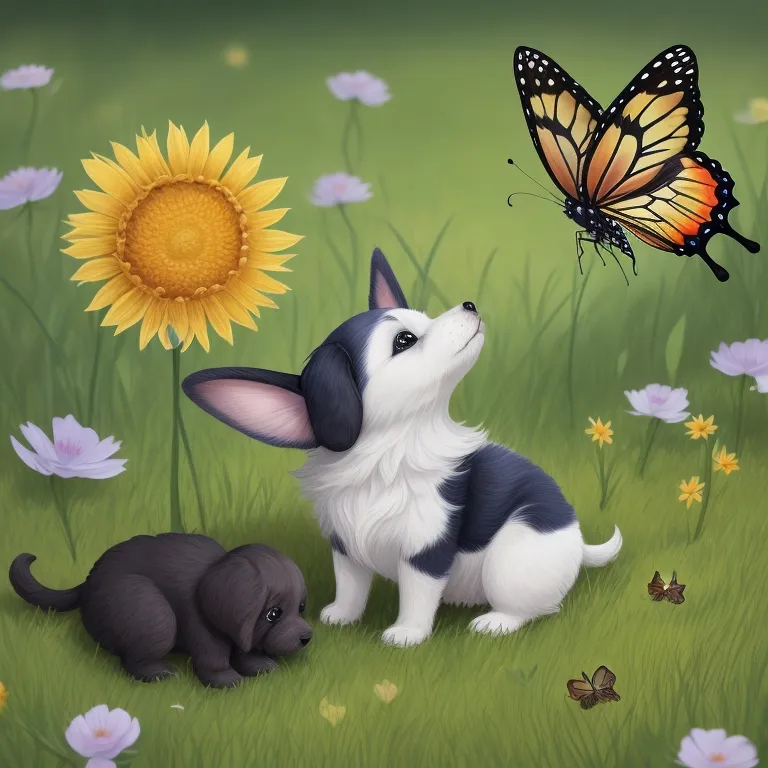 a painting of two puppies in a field with a butterfly