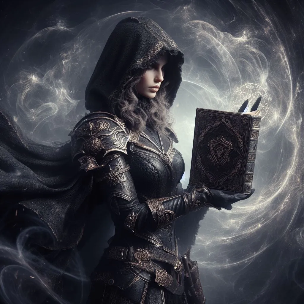 a woman in a hooded gothic jacket holding a book