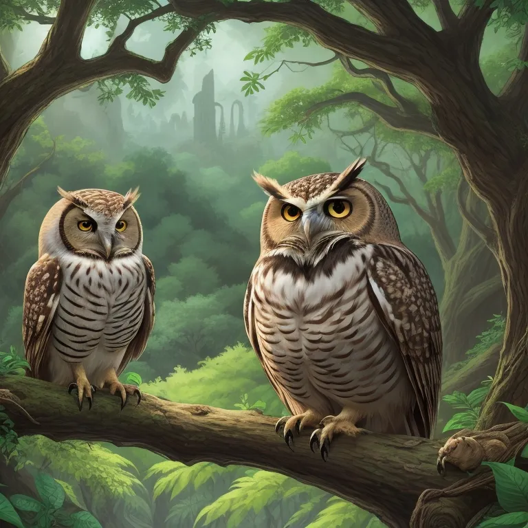 two owls sitting on a tree branch in a forest