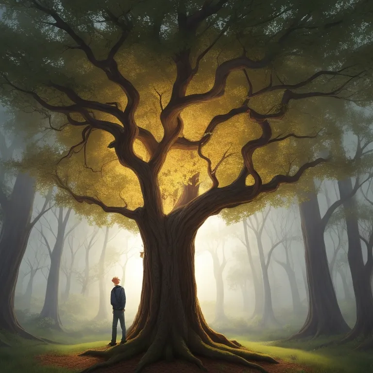 a painting of a man standing in front of a tree