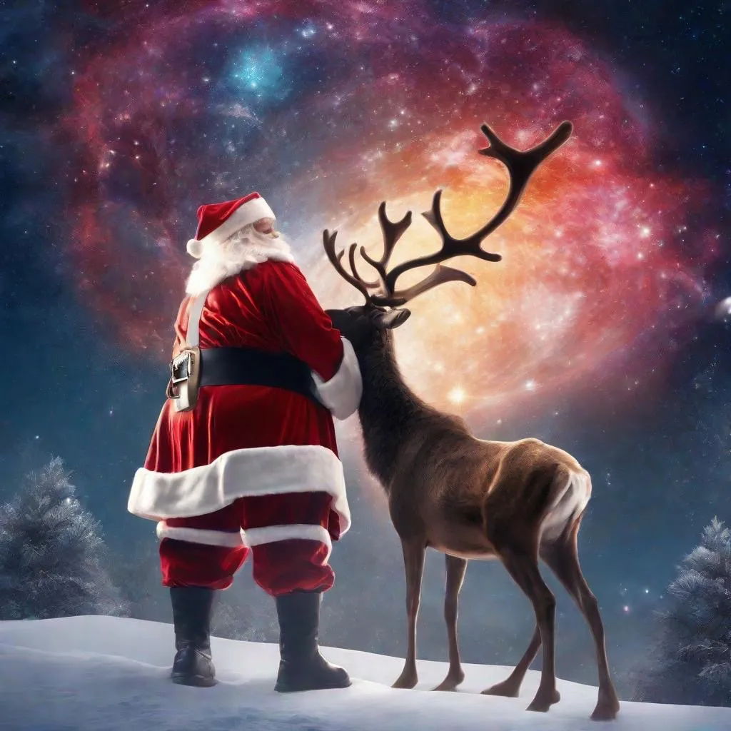 A santa clause standing next to a reindeer, Nebula moving around, 8k, 4K, amazing, beautiful, breathtaking,