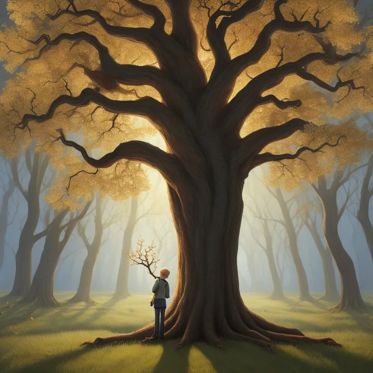 a painting of a man standing in front of a tree