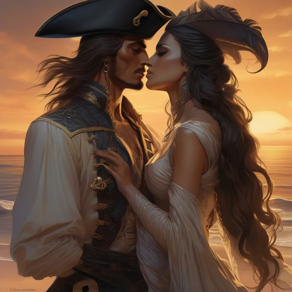 A painting of a pirate couple kissing on the beach