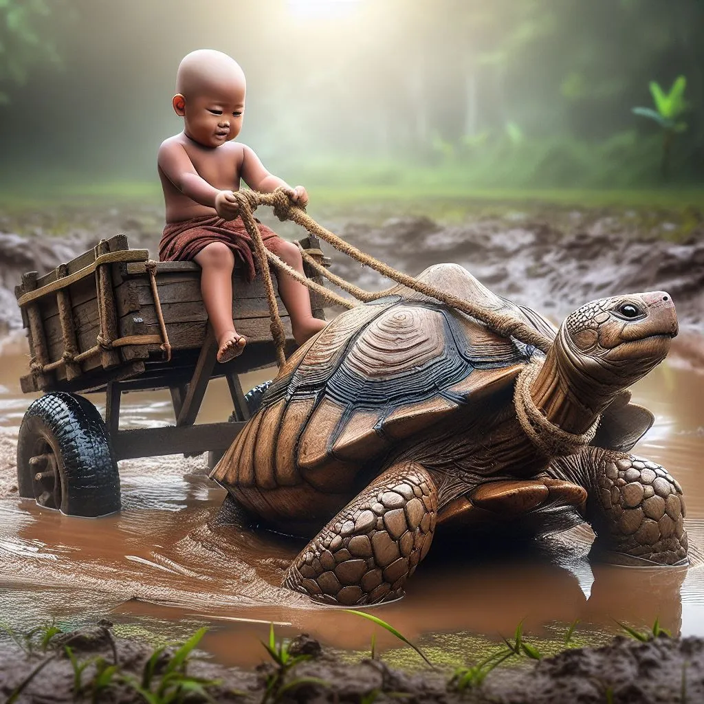 a baby sitting on top of a turtle in a body of water