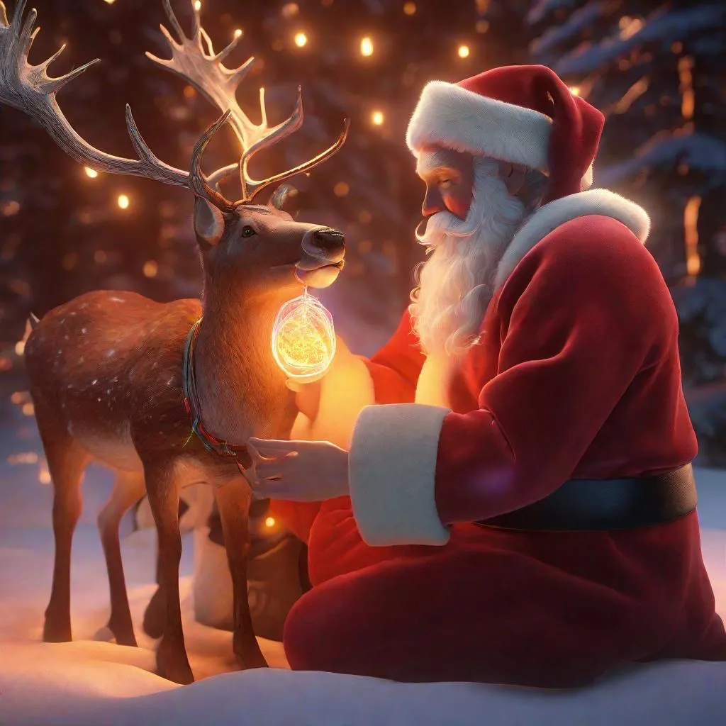 a man in a santa claus outfit sitting next to a reindeer, add red highlights to the reindeer, red scheme