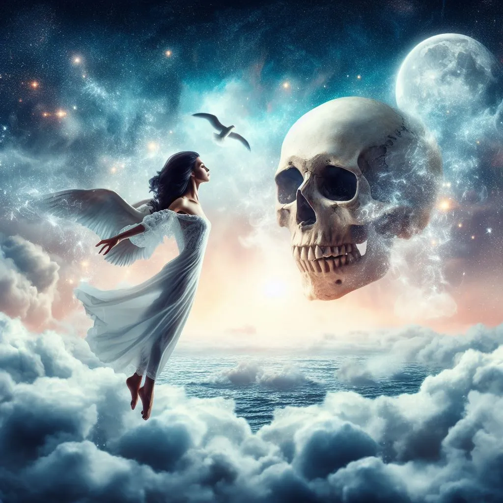 a woman in a white dress flying next to a skull