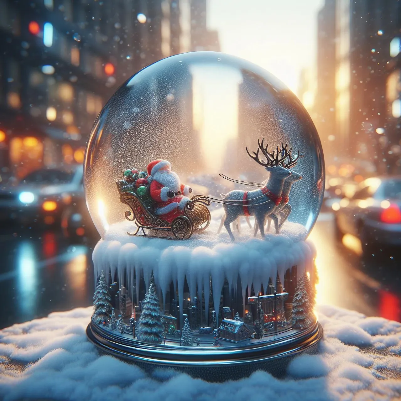 a snow globe with a Santa sleigh and reindeer on a busy road flying over a miniature town  in the snow blizzard at Christmas