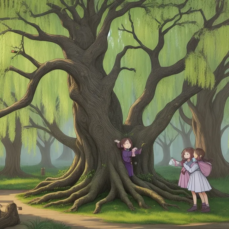 two children standing in front of a large tree