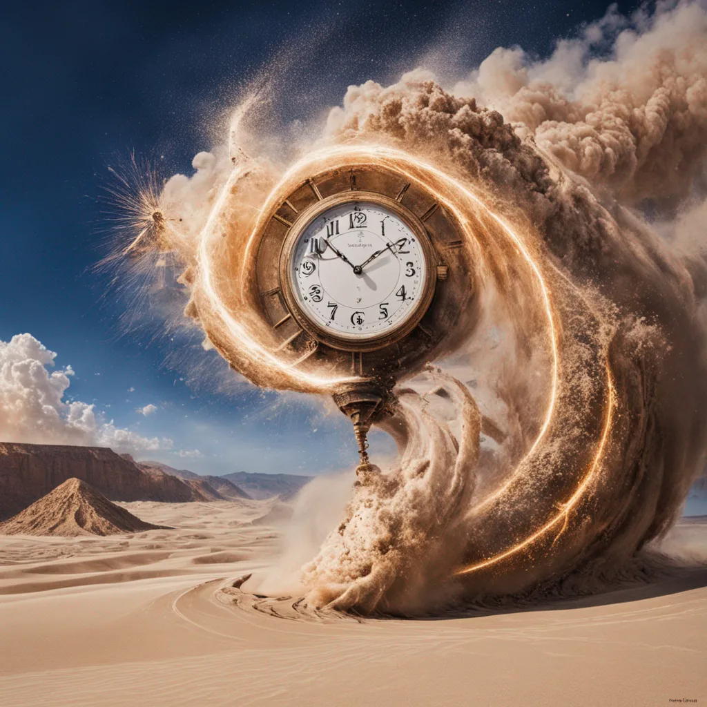 A giant clock in the sky shining over a desert