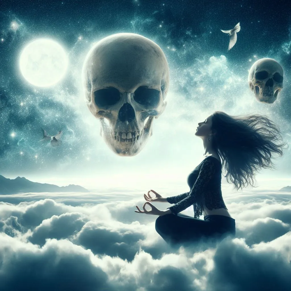 a woman sitting on a cloud holding scissors in front of a skull