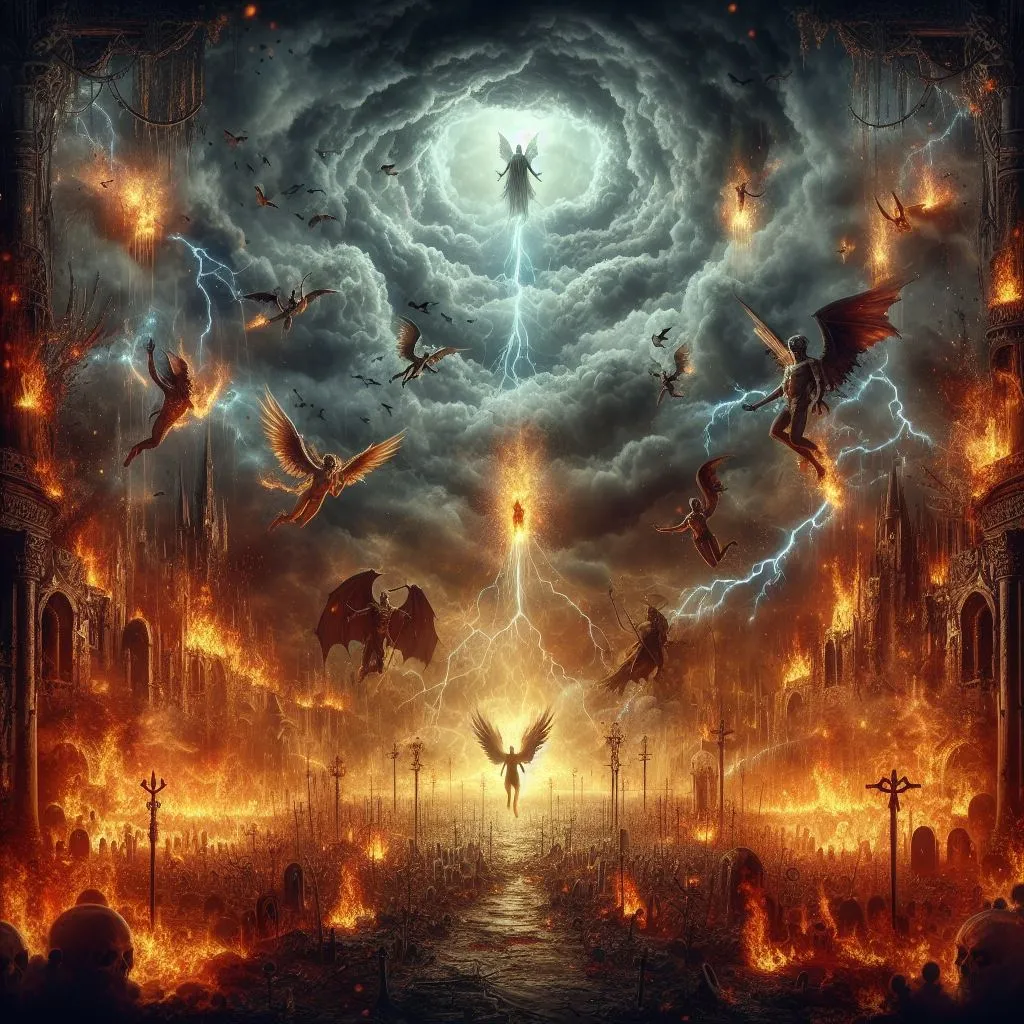 a painting of a demon surrounded by fire and lightning