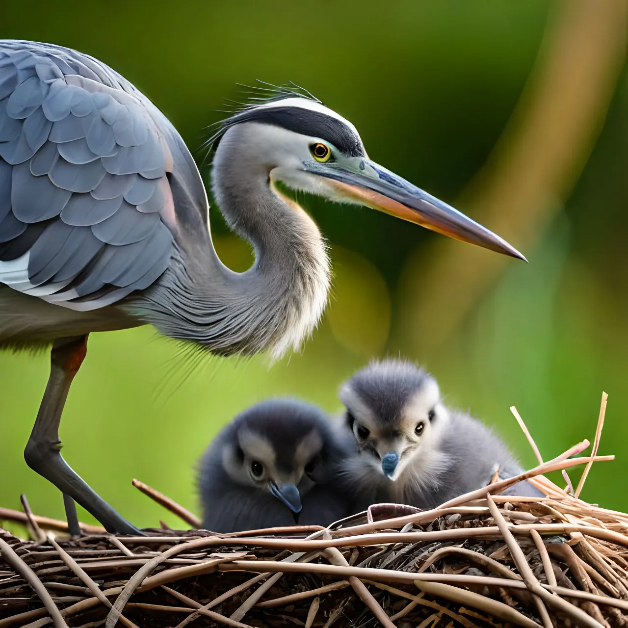 a bird standing on top of a nest with two baby birds