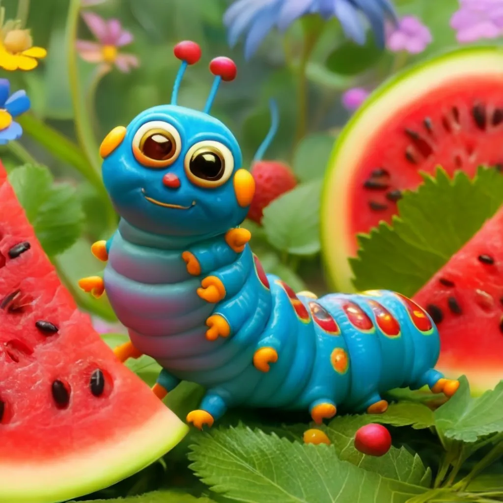 a blue caterpillar sitting on top of a piece of watermelon