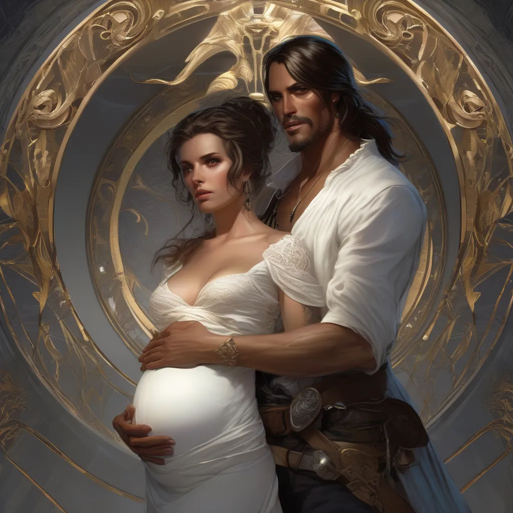 Pirate man holding a pregnant woman, protecting her