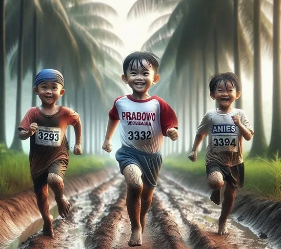 a group of children running down a dirt road