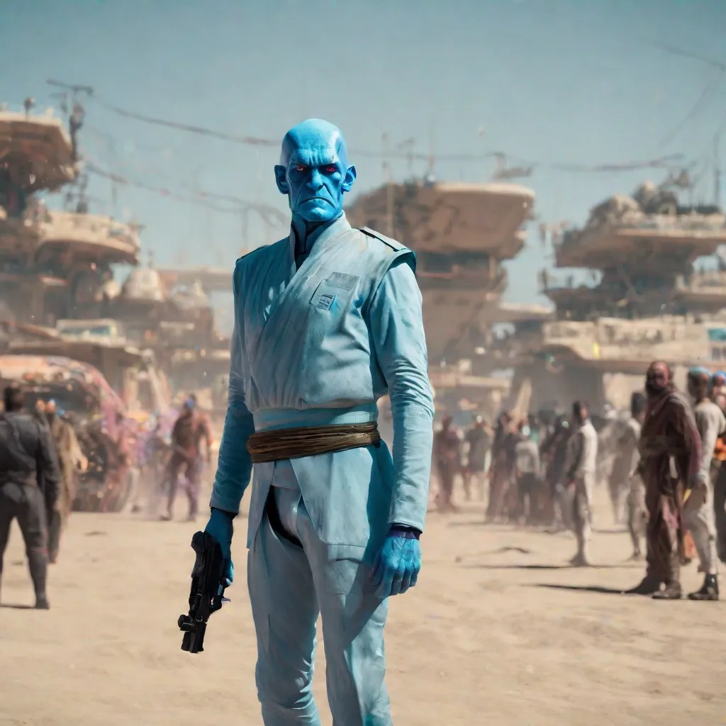 a man in a blue outfit standing in the middle of a desert