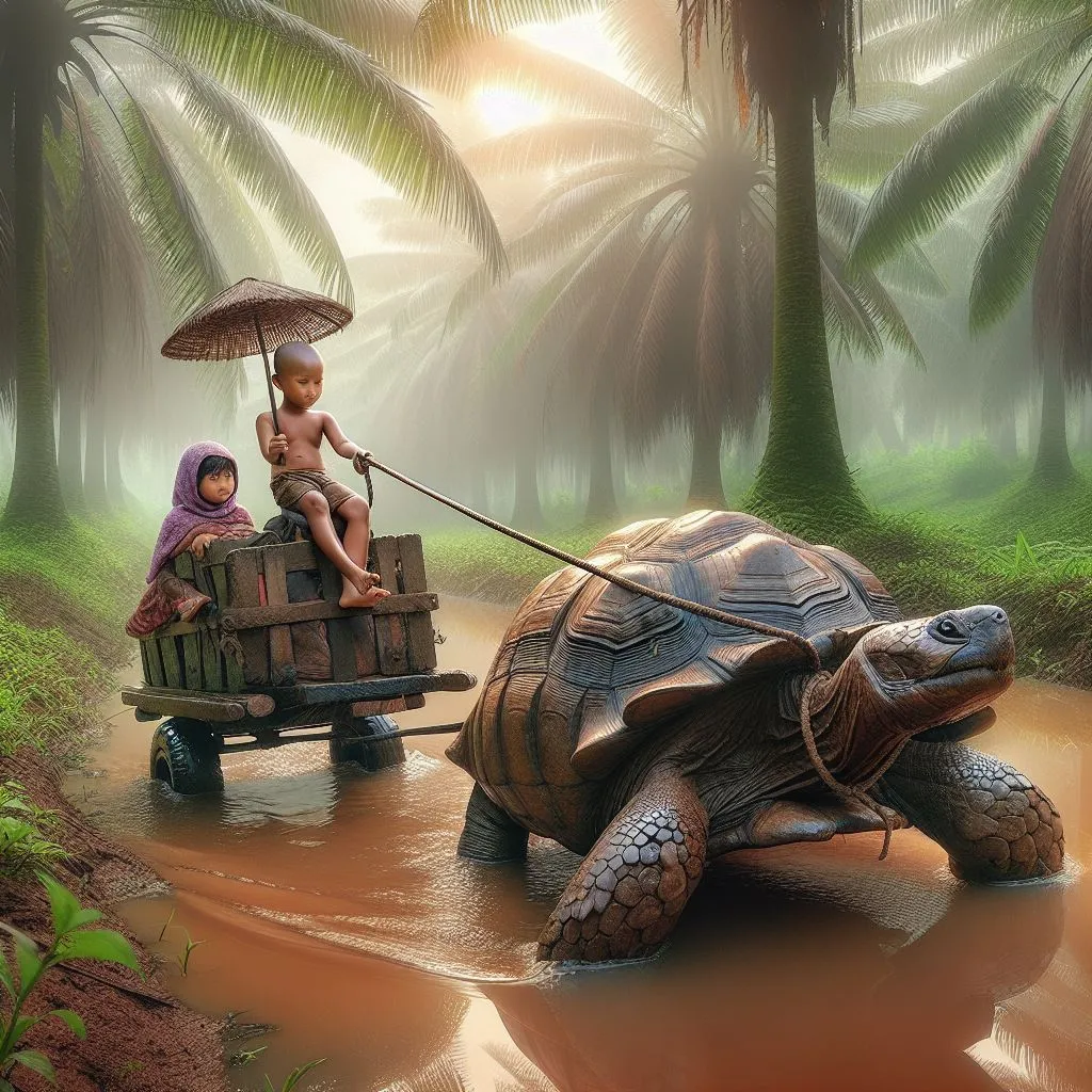 a painting of two children riding on a cart pulled by a turtle