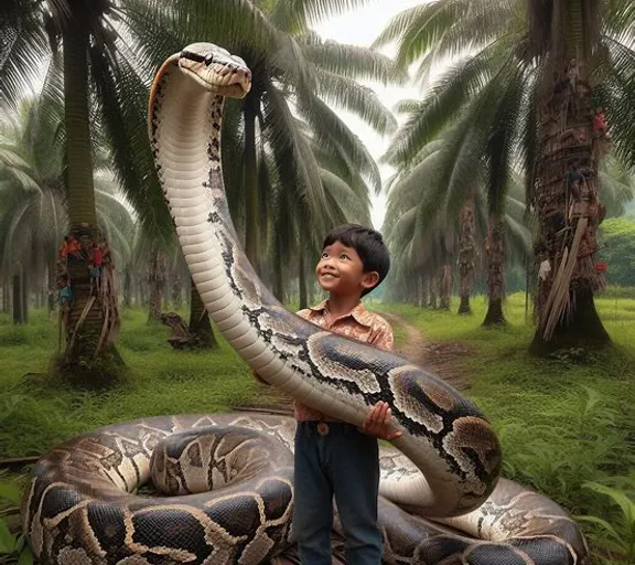 a boy holding a large snake in a jungle