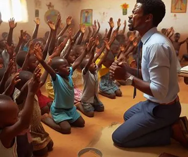 a man kneeling and sweating as he prays in front of a group of children