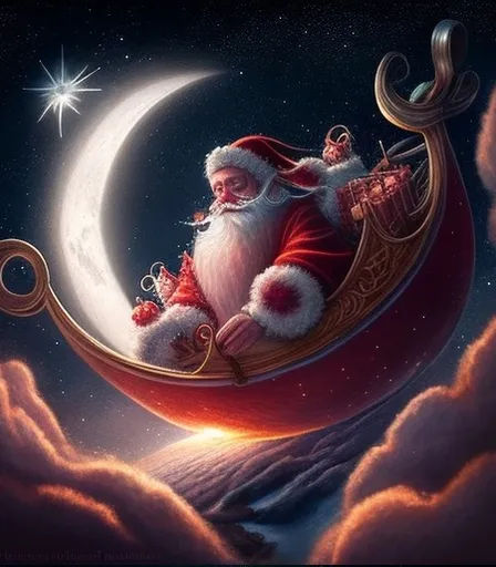 a painting of santa claus on a sleigh in the sky