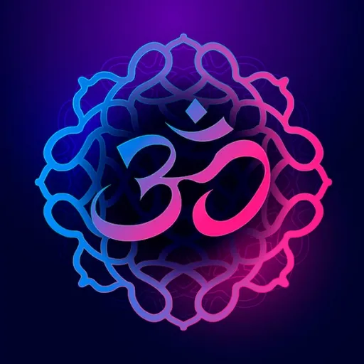 the om shan symbol in neon colors on a dark background. font, violet, art, magenta, circle, electric blue, pattern, neon, logo, graphics