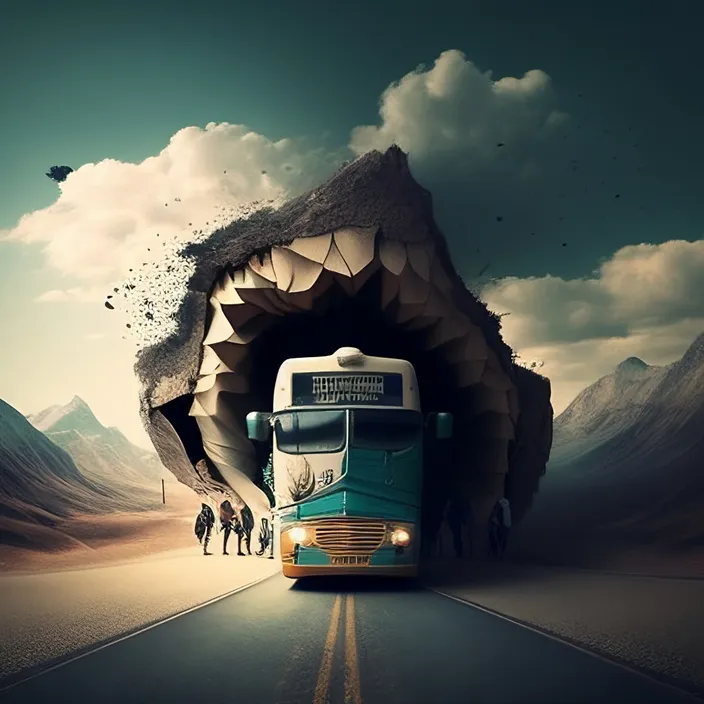 a bus driving down a road next to a giant shark