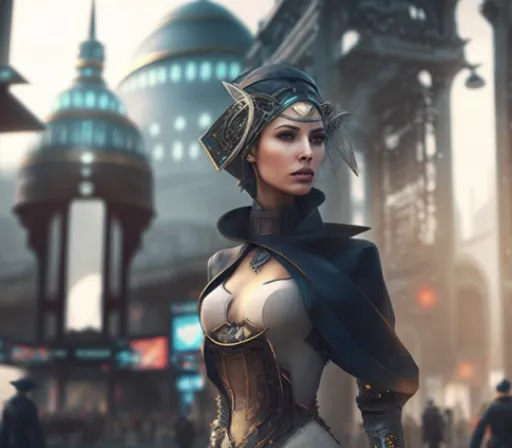 a woman in a futuristic outfit standing in front of a city