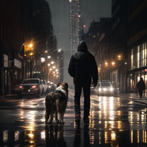 a man walking his dog down a city street at night