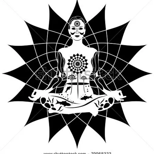 a black and white drawing of a person sitting in a lotus position. art, font, illustration, fictional character, pattern, graphics, line art, visual arts, symmetry, graphic design