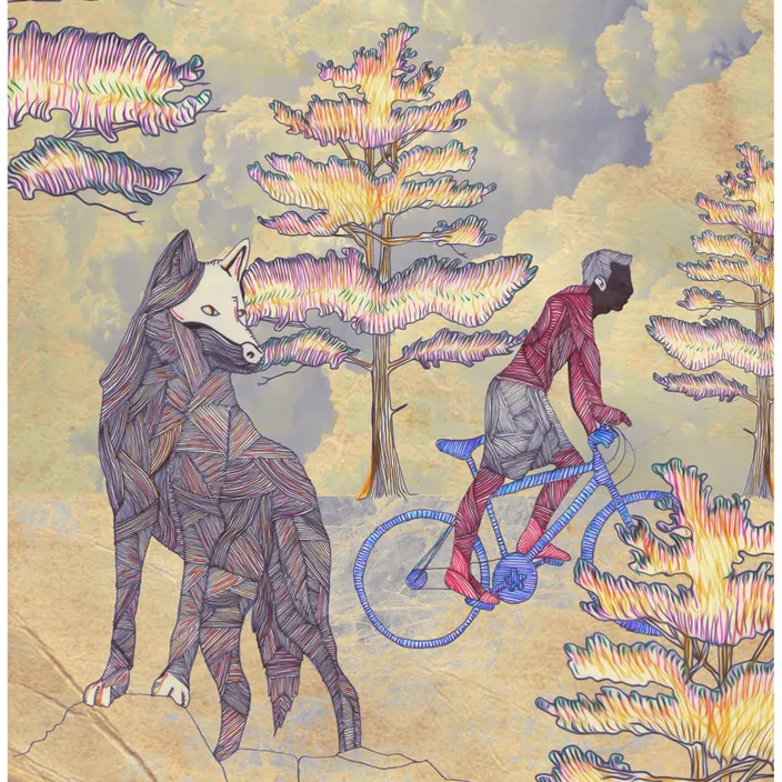 a drawing of a man riding a bike next to a wolf
