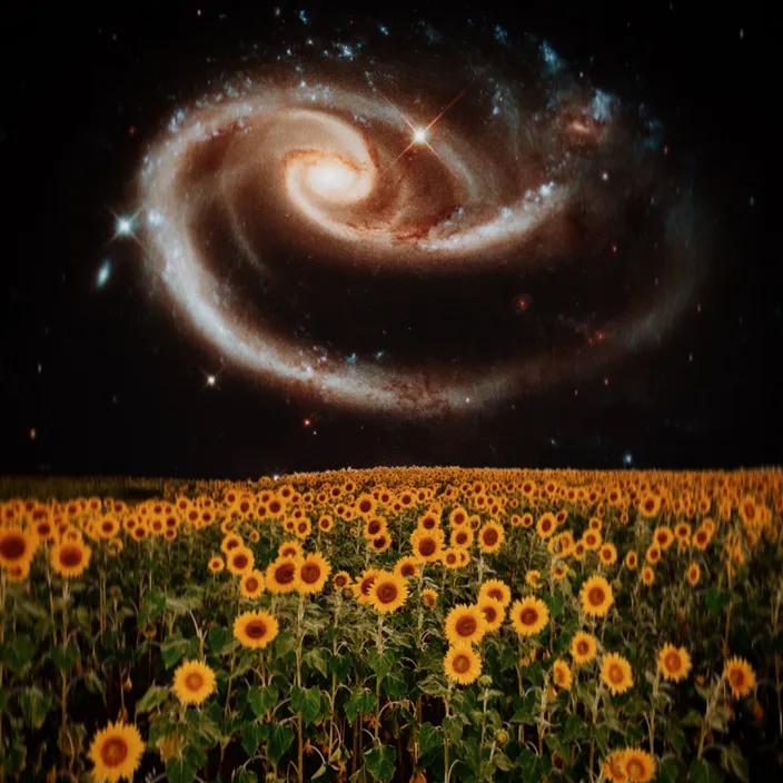 a field of sunflowers with a spiral galaxy in the background