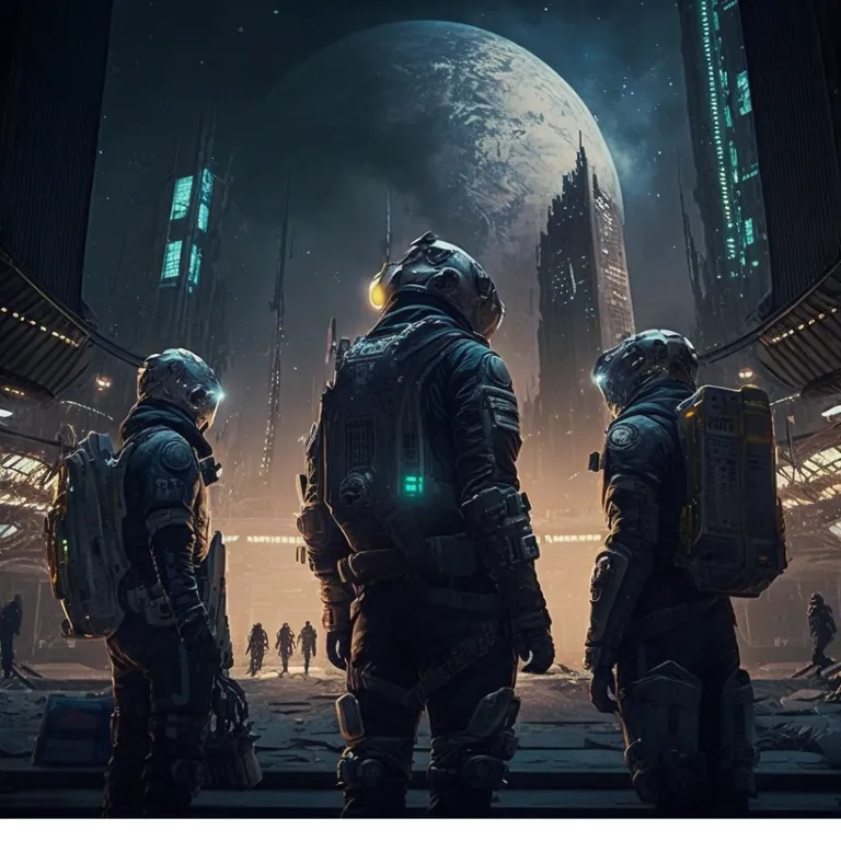 a group of men standing next to each other in a futuristic city
