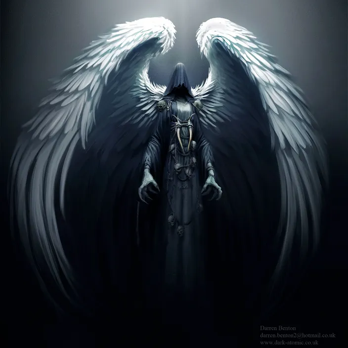 an angel with white wings standing in the dark