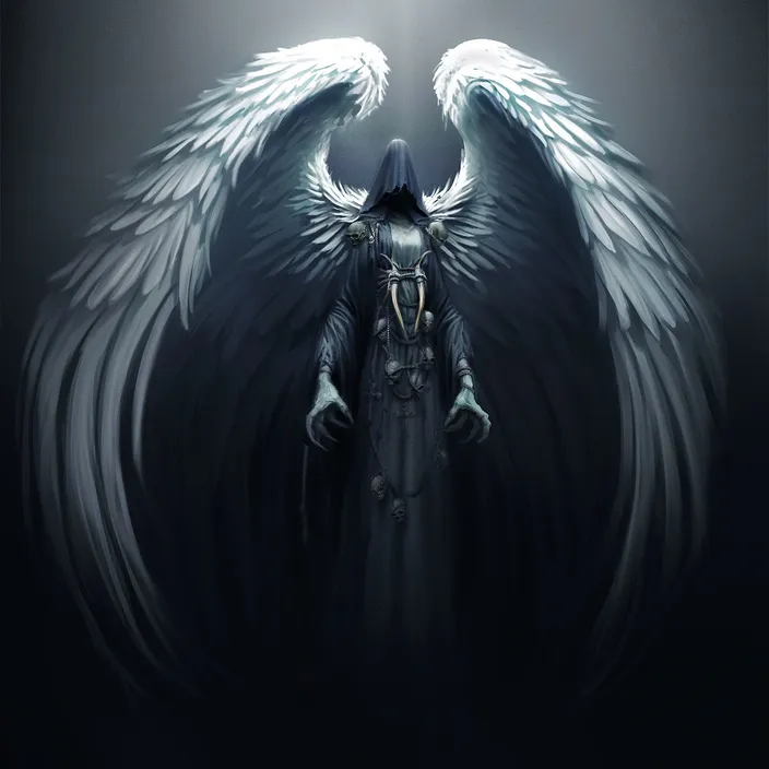 an angel with white wings standing in the dark