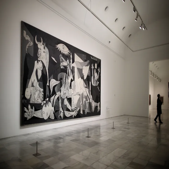 a large black and white painting on a wall