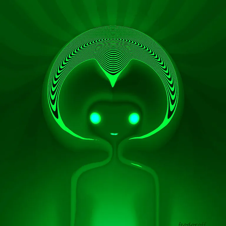 a green alien with glowing eyes in a dark room. green, drinkware, automotive lighting, audio equipment, font, art, visual effect lighting, circle, neon, grass