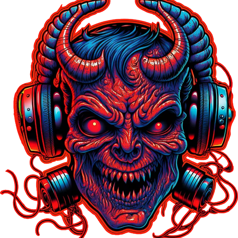 a demon with headphones and a demon face. jaw, art, font, symmetry, bone, fictional character, painting, illustration, drawing, graphics