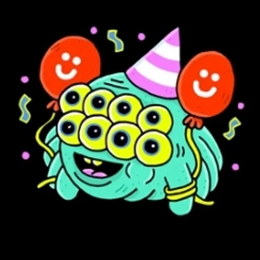 a cartoon character with balloons and a party hat. organism, smile, cartoon, happy, font, art, pink, circle, technology, magenta