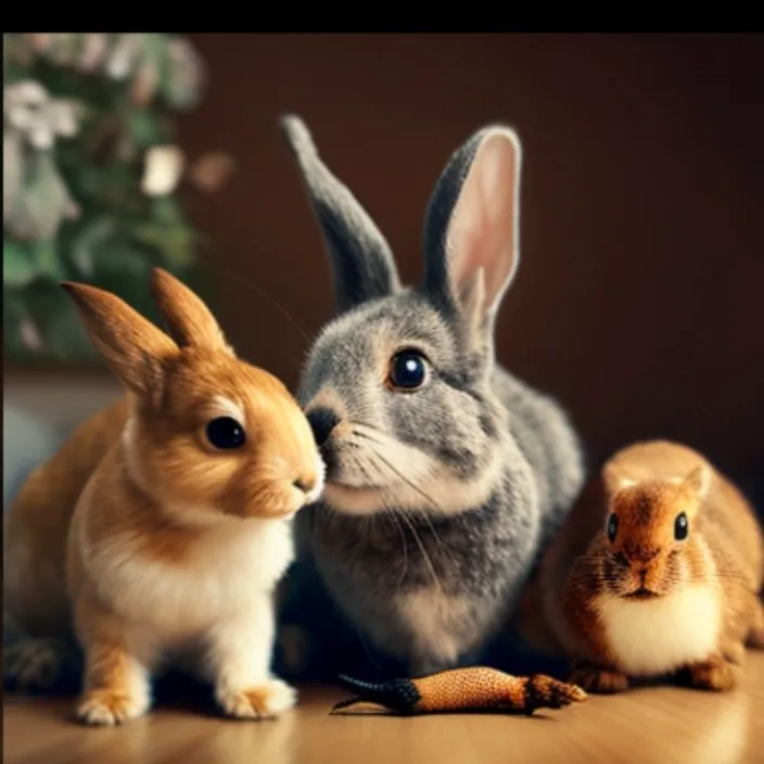 a group of rabbits sitting on top of a wooden floor